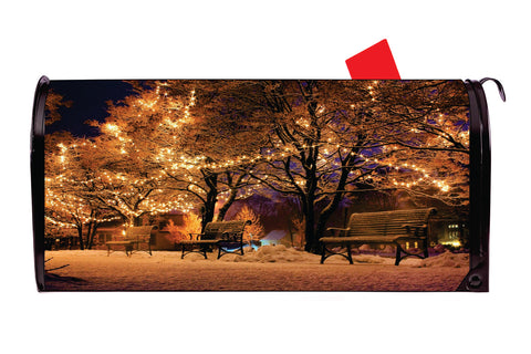 Christmas Lighted Park Bench Vinyl Magnetic Mailbox Cover Made in the USA