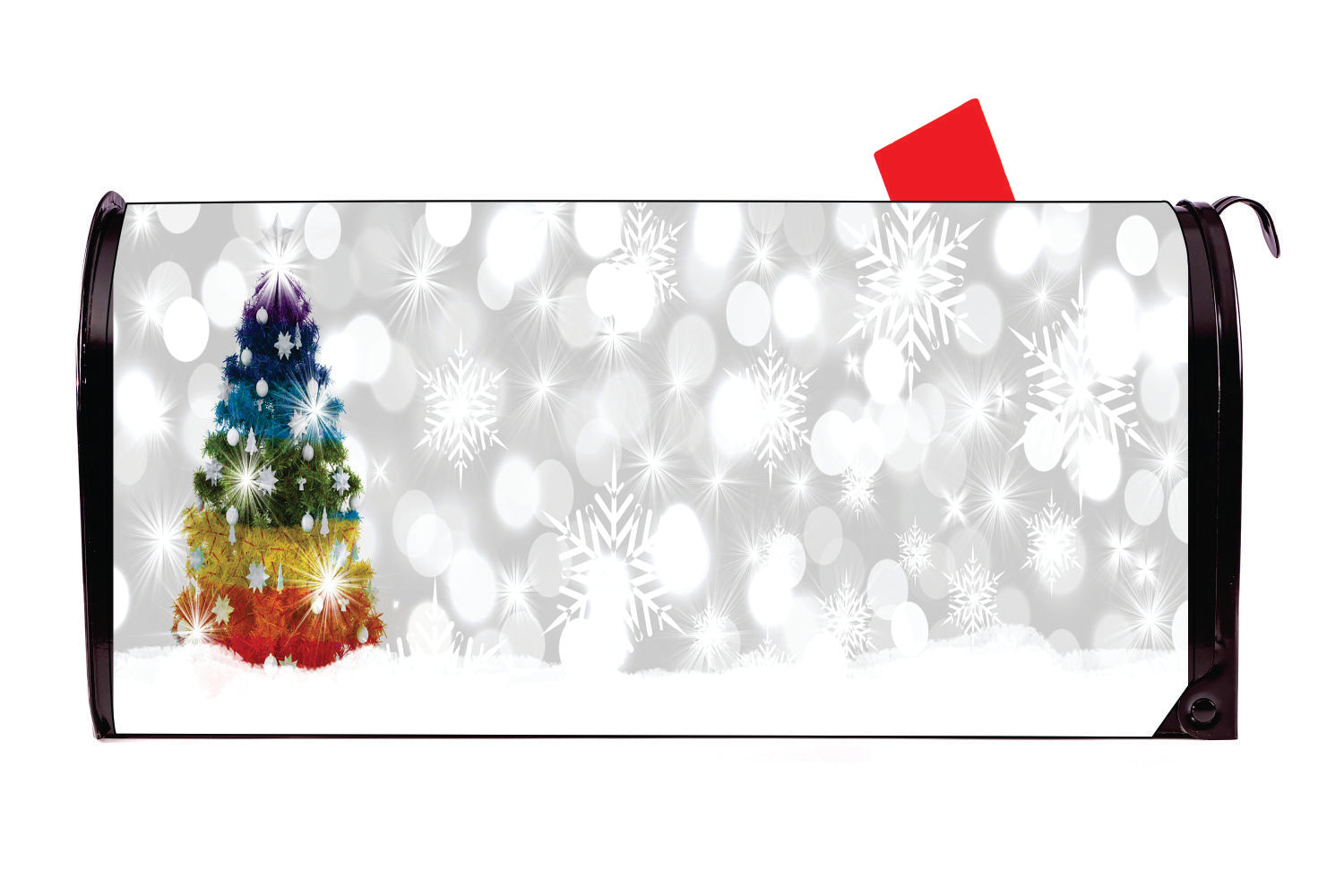 Rainbow Christmas Tree with Snow Vinyl Magnetic Mailbox Cover Made in the USA