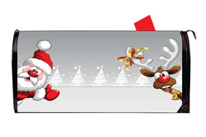 Santa with Reindeer and Christmas Trees Vinyl Magnetic Mailbox Cover Made in the USA
